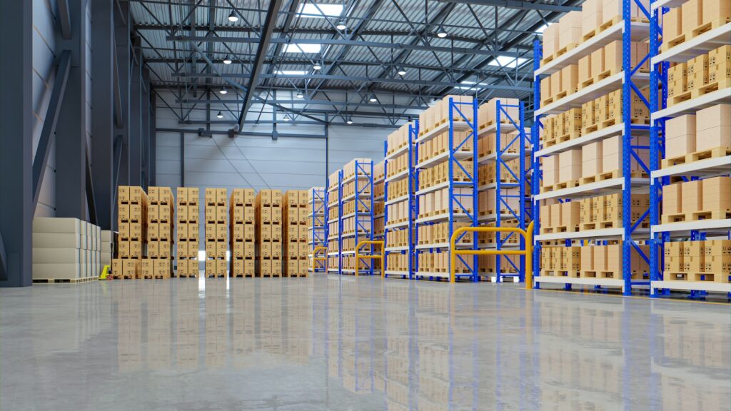Interior of warehouse in logistic center.